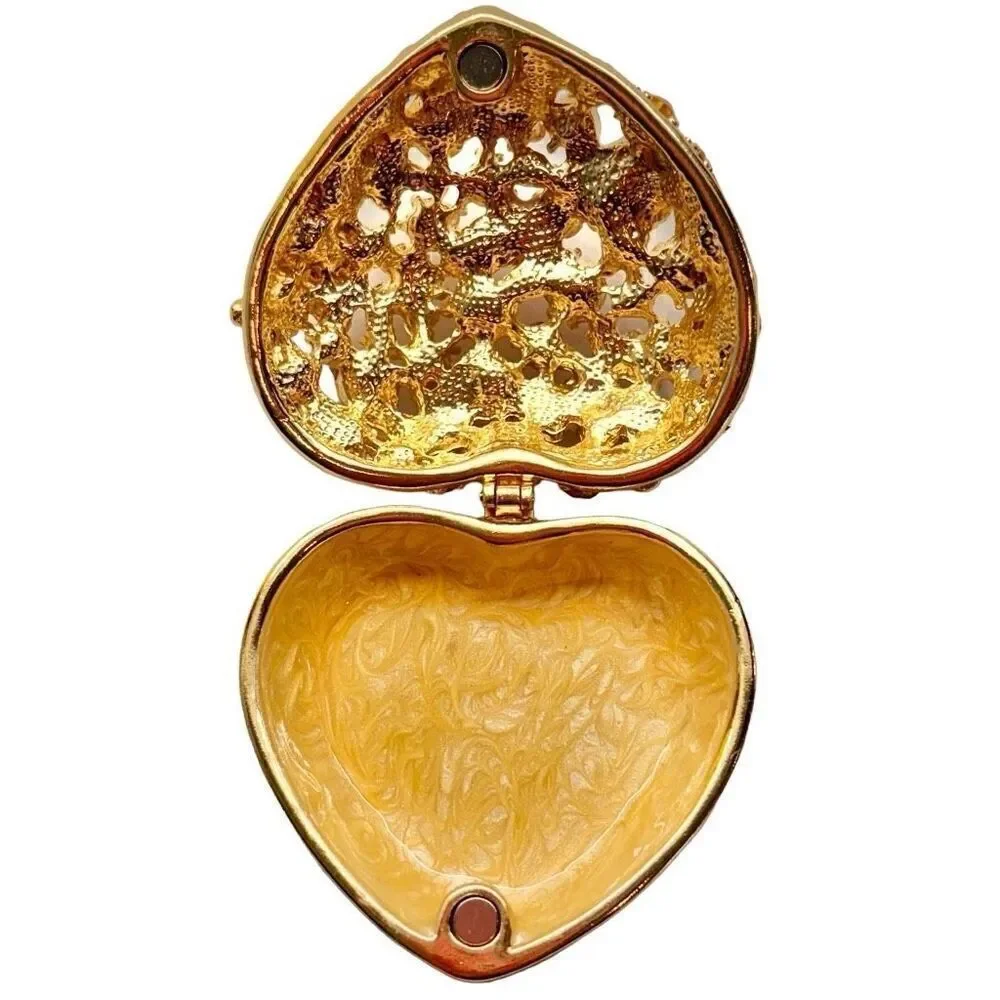 Vintage Hallowed Heart Rhinestone and Flower Heart Shaped Jewelry Box